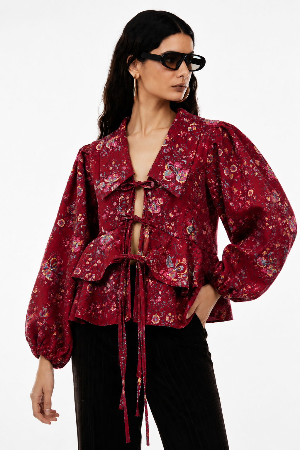 Women's Maroon Floral Tie-Up Peplum Top