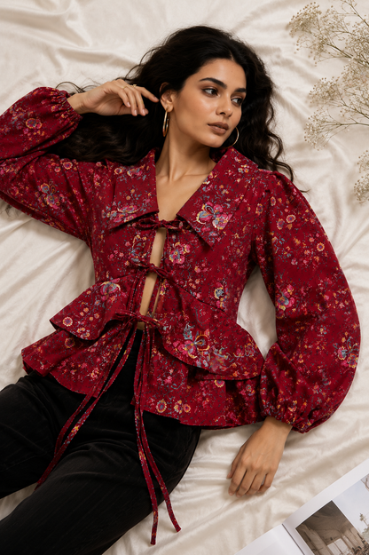 Women's Maroon Floral Tie-Up Peplum Top