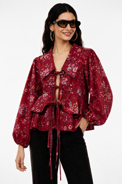 Women's Maroon Floral Tie-Up Peplum Top