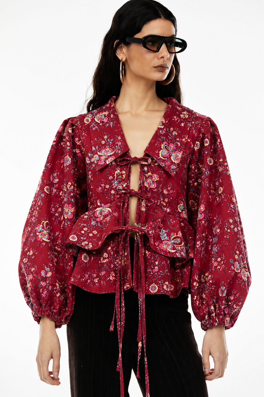 Women's Maroon Floral Tie-Up Peplum Top