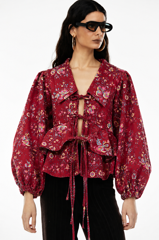 Women's Maroon Floral Tie-Up Peplum Top