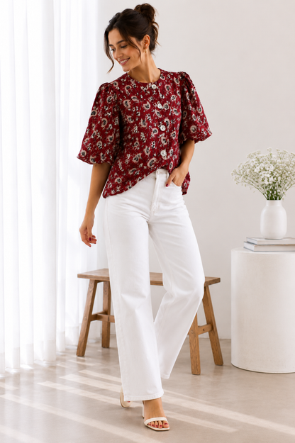 Women's Maroon Paisley Print Cotton Puff Sleeve Round Neck Button-Front Casual Western Top