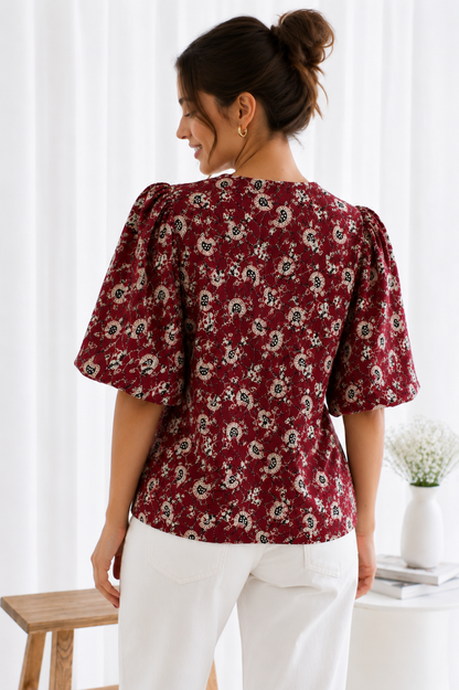 Women's Maroon Paisley Print Cotton Puff Sleeve Round Neck Button-Front Casual Western Top