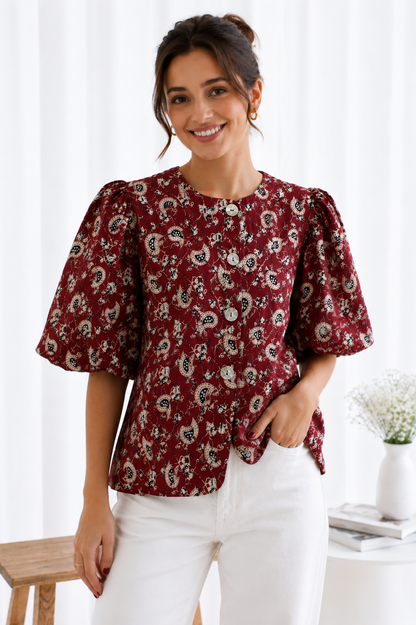 Women's Maroon Paisley Print Cotton Puff Sleeve Round Neck Button-Front Casual Western Top
