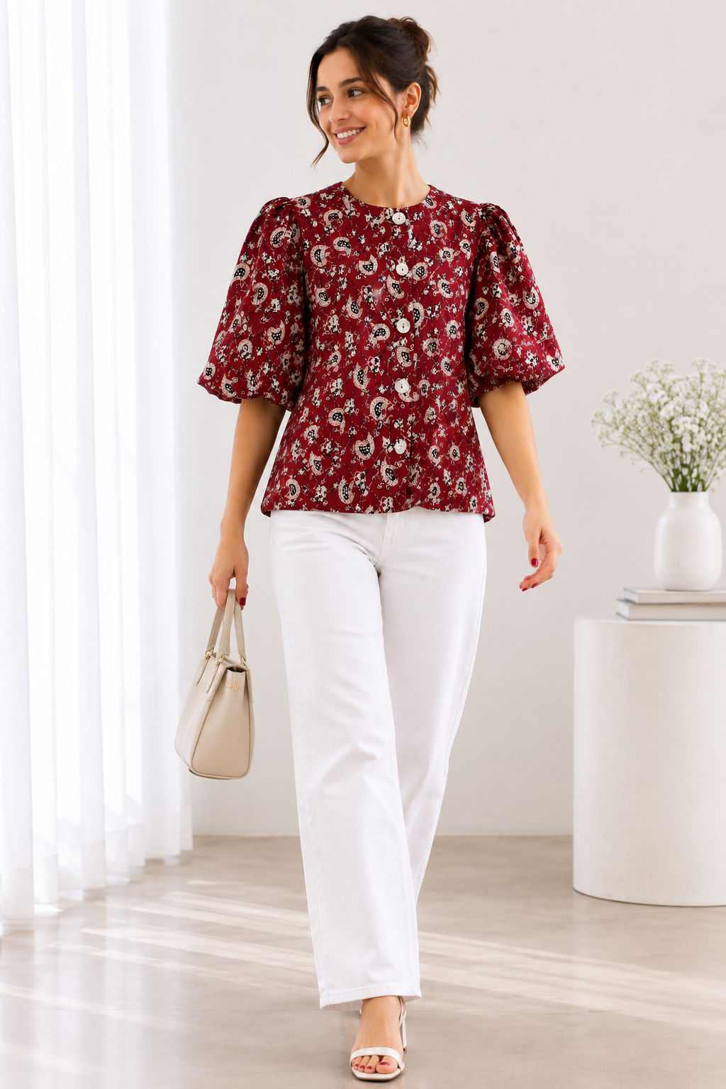Women's Maroon Paisley Print Cotton Puff Sleeve Round Neck Button-Front Casual Western Top