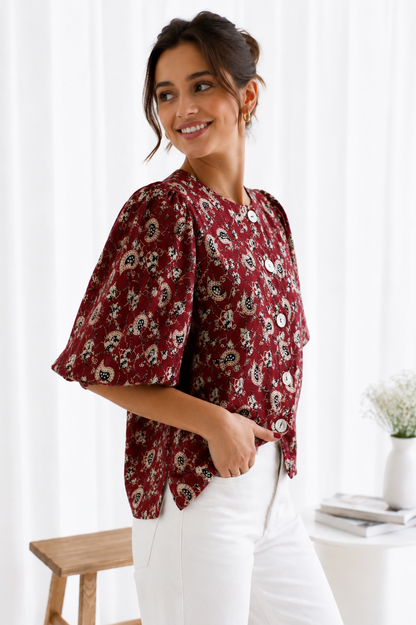Women's Maroon Paisley Print Cotton Puff Sleeve Round Neck Button-Front Casual Western Top