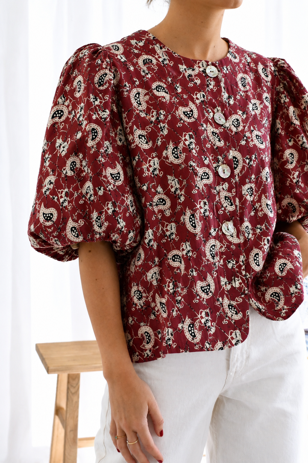 Women's Maroon Paisley Print Cotton Puff Sleeve Round Neck Button-Front Casual Western Top