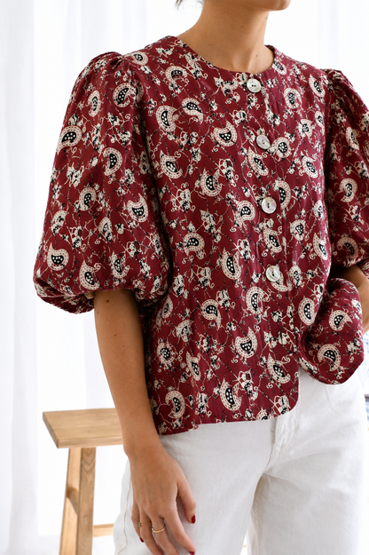 Women's Maroon Paisley Print Cotton Puff Sleeve Round Neck Button-Front Casual Western Top