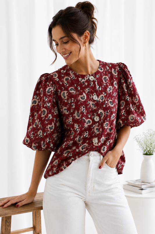 Women's Maroon Paisley Print Cotton Puff Sleeve Round Neck Button-Front Casual Western Top