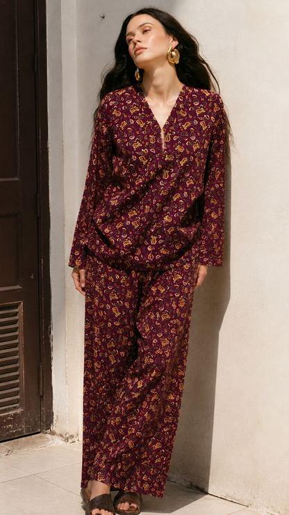Maroon Paisley Printed Kurta & Pants Co-Ord Set