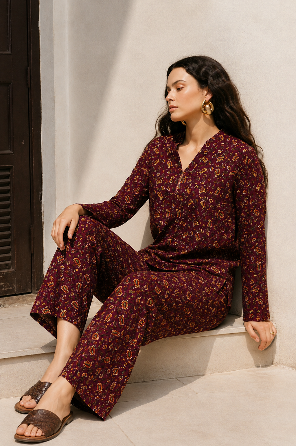 Maroon Paisley Printed Kurta & Pants Co-Ord Set