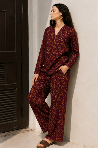 Maroon Paisley Printed Kurta & Pants Co-Ord Set