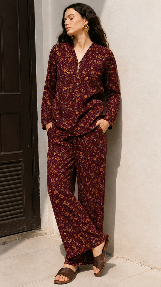 Maroon Paisley Printed Kurta & Pants Co-Ord Set