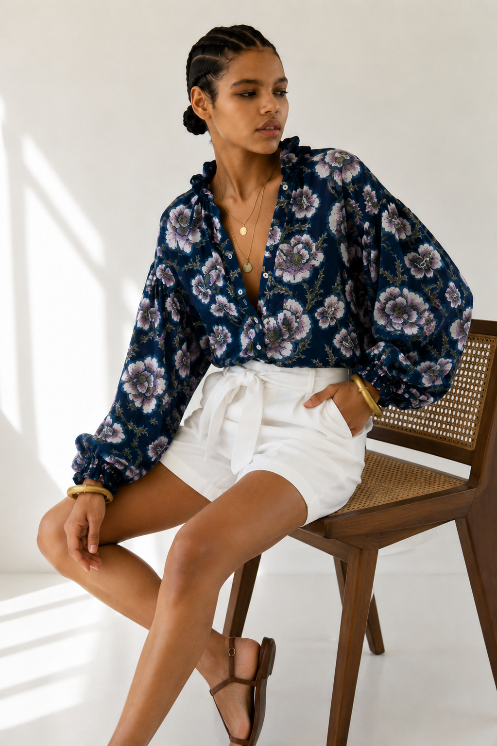 Women's Navy Blue Floral Printed Balloon Sleeve Button-Down Casual Shirt