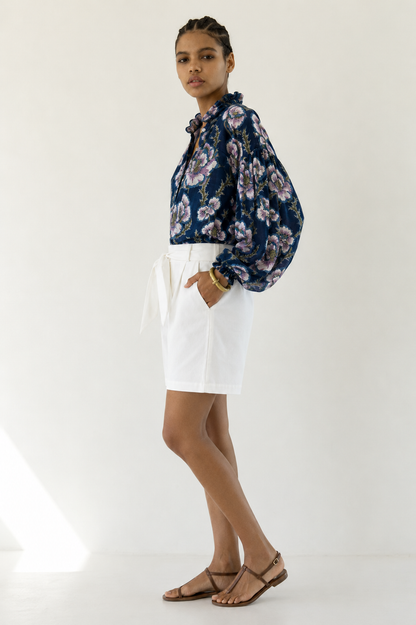 Women's Navy Blue Floral Printed Balloon Sleeve Button-Down Casual Shirt