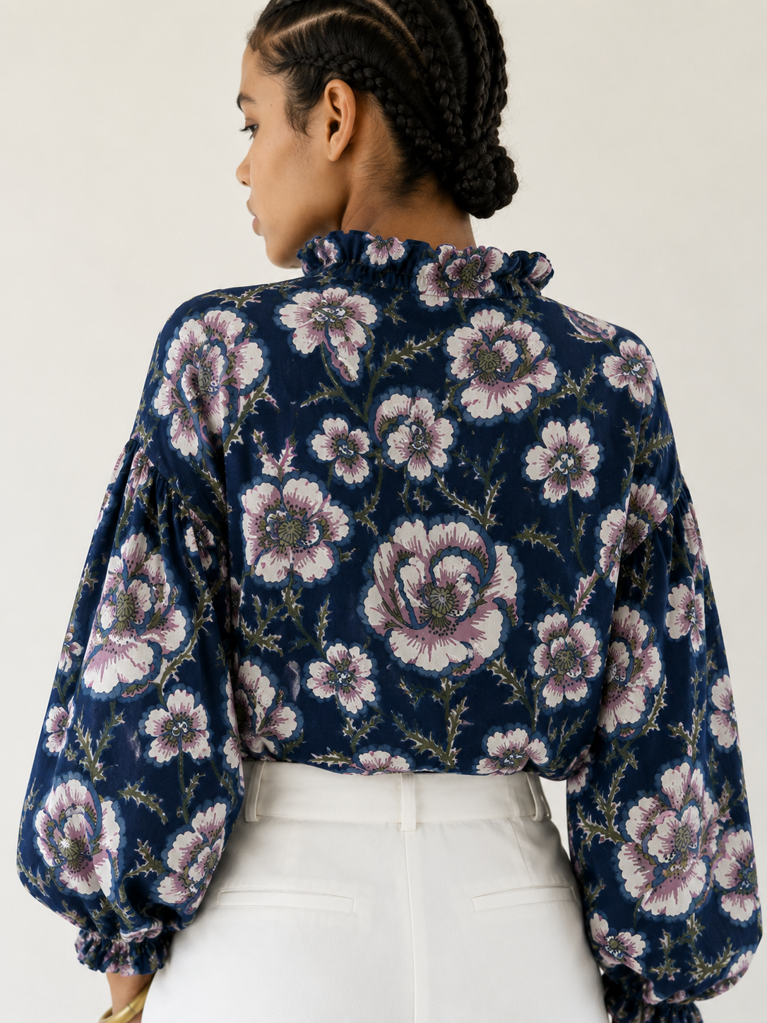 Women's Navy Blue Floral Printed Balloon Sleeve Button-Down Casual Shirt