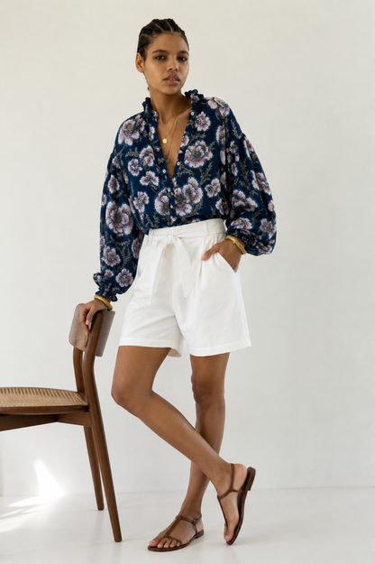 Women's Navy Blue Floral Printed Balloon Sleeve Button-Down Casual Shirt