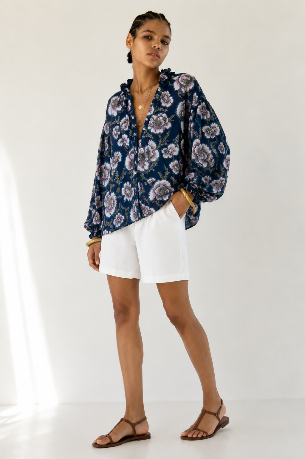 Women's Navy Blue Floral Printed Balloon Sleeve Button-Down Casual Shirt