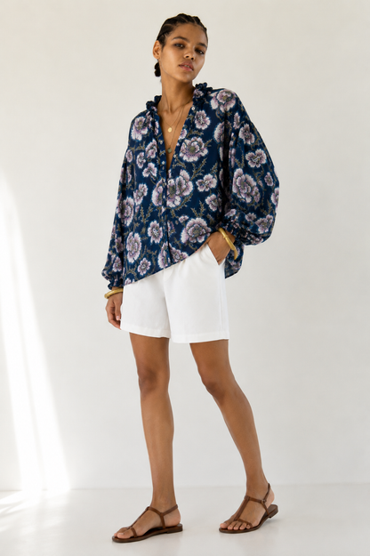 Women's Navy Blue Floral Printed Balloon Sleeve Button-Down Casual Shirt
