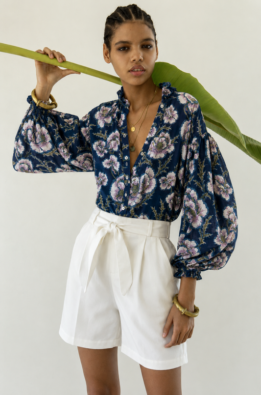 Women's Navy Blue Floral Printed Balloon Sleeve Button-Down Casual Shirt