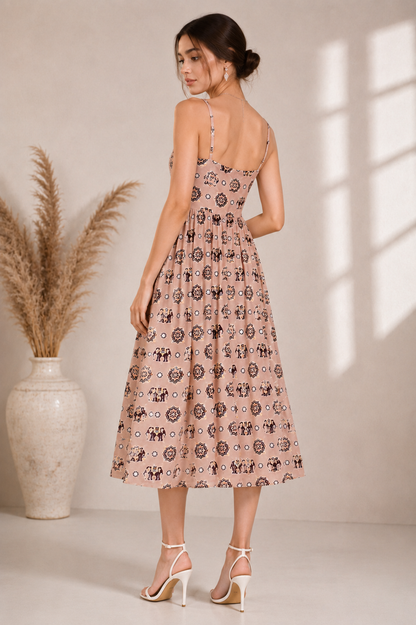 Women’s Peach Printed Spaghetti Strap Midi Dress