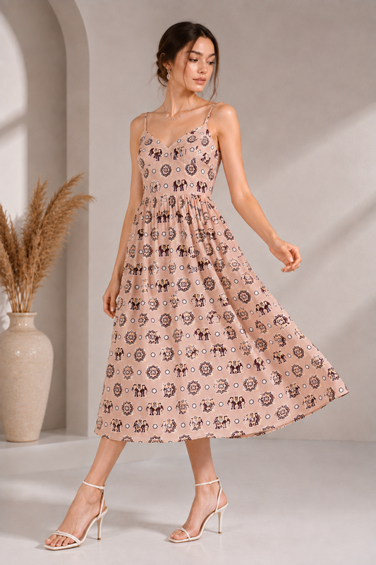 Women’s Peach Printed Spaghetti Strap Midi Dress