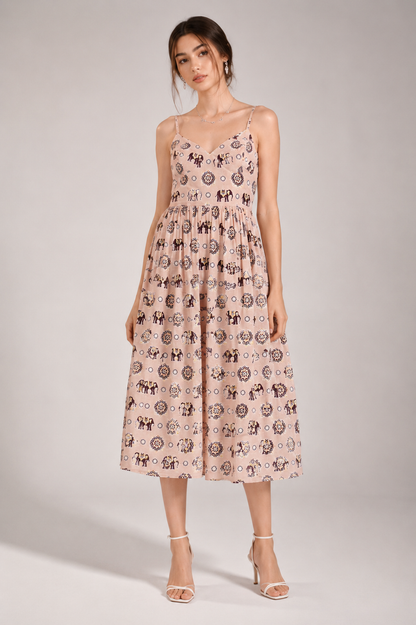 Women’s Peach Printed Spaghetti Strap Midi Dress