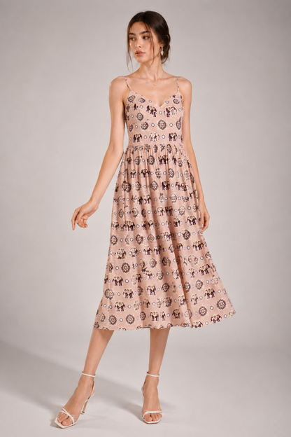 Women’s Peach Printed Spaghetti Strap Midi Dress