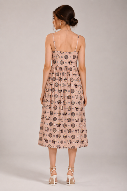 Women’s Peach Printed Spaghetti Strap Midi Dress