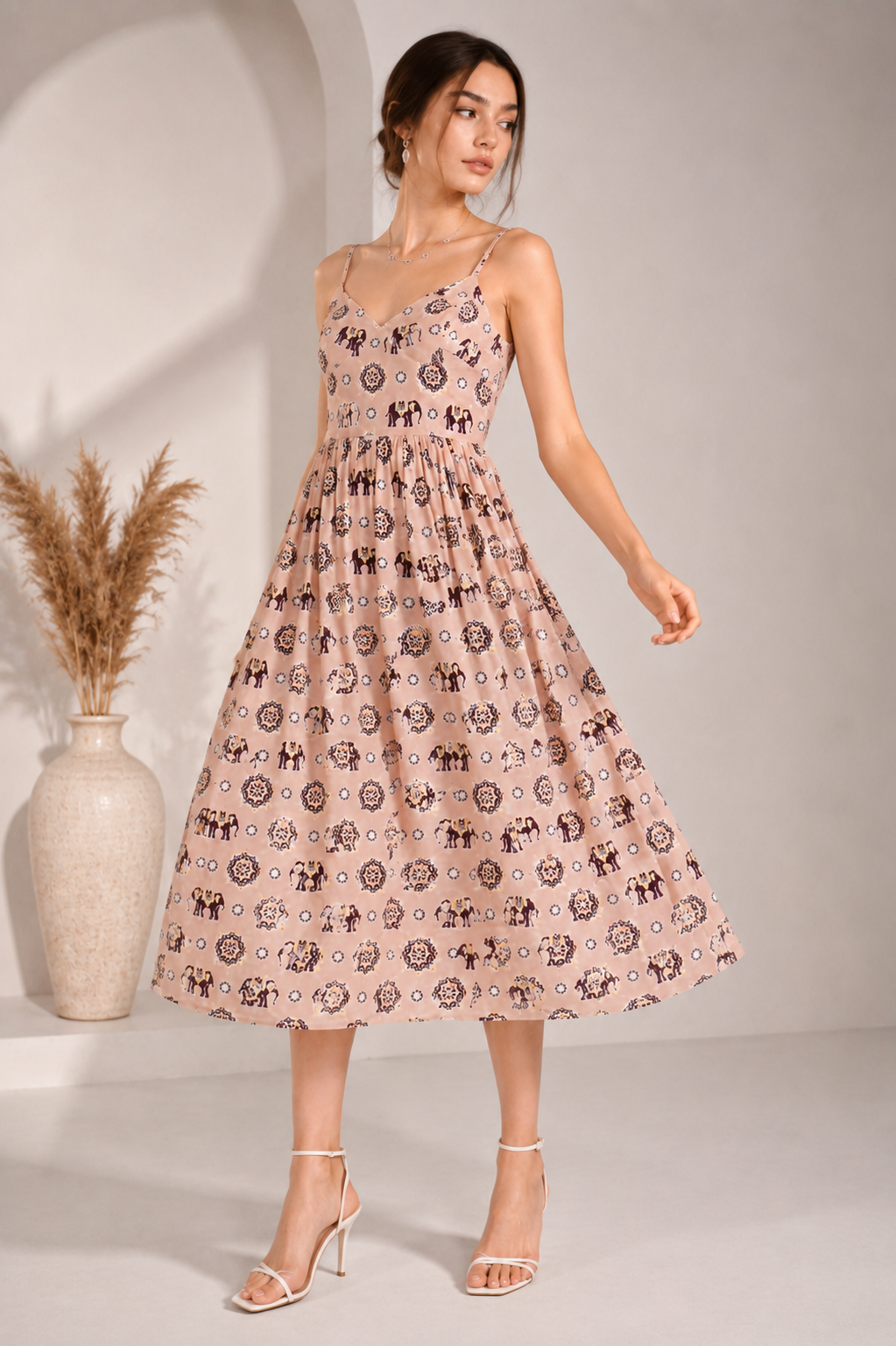 Women’s Peach Printed Spaghetti Strap Midi Dress