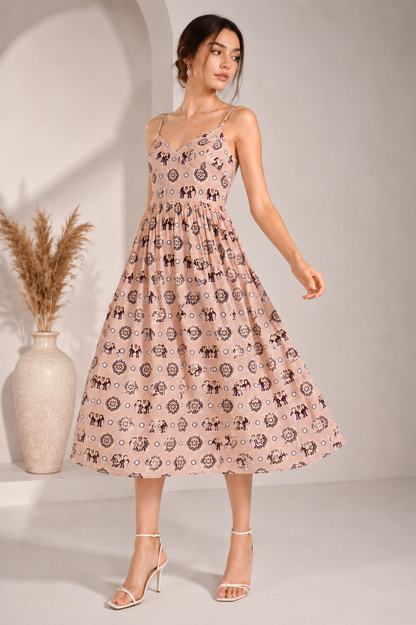 Women’s Peach Printed Spaghetti Strap Midi Dress