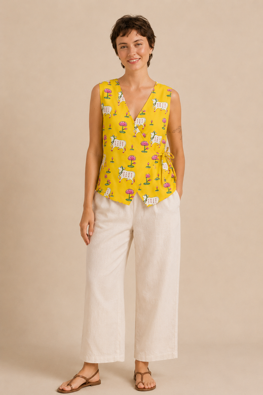 Pichwai Print Kurti - Yellow