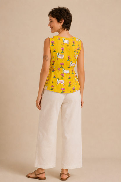 Pichwai Print Kurti - Yellow