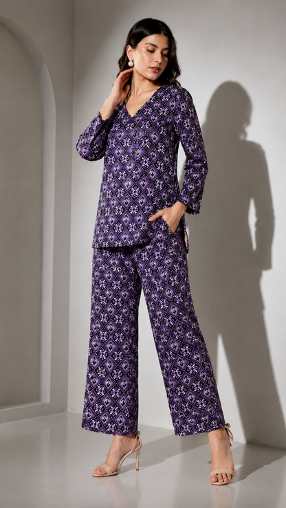 Women’s Purple Printed Kurta Pant Co-ord Set
