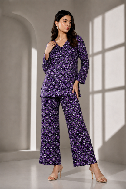 Women’s Purple Printed Kurta Pant Co-ord Set