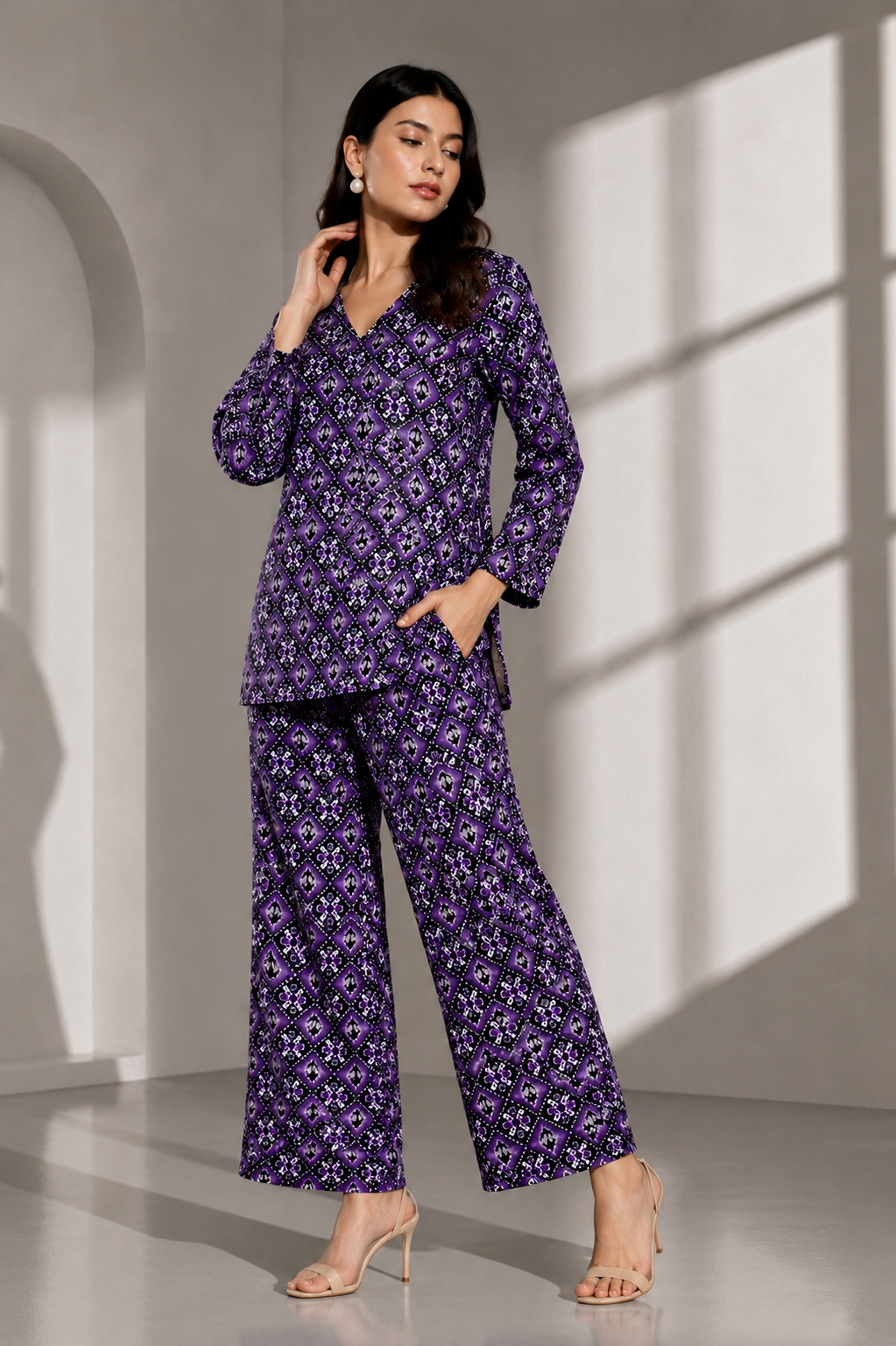 Women’s Purple Printed Kurta Pant Co-ord Set