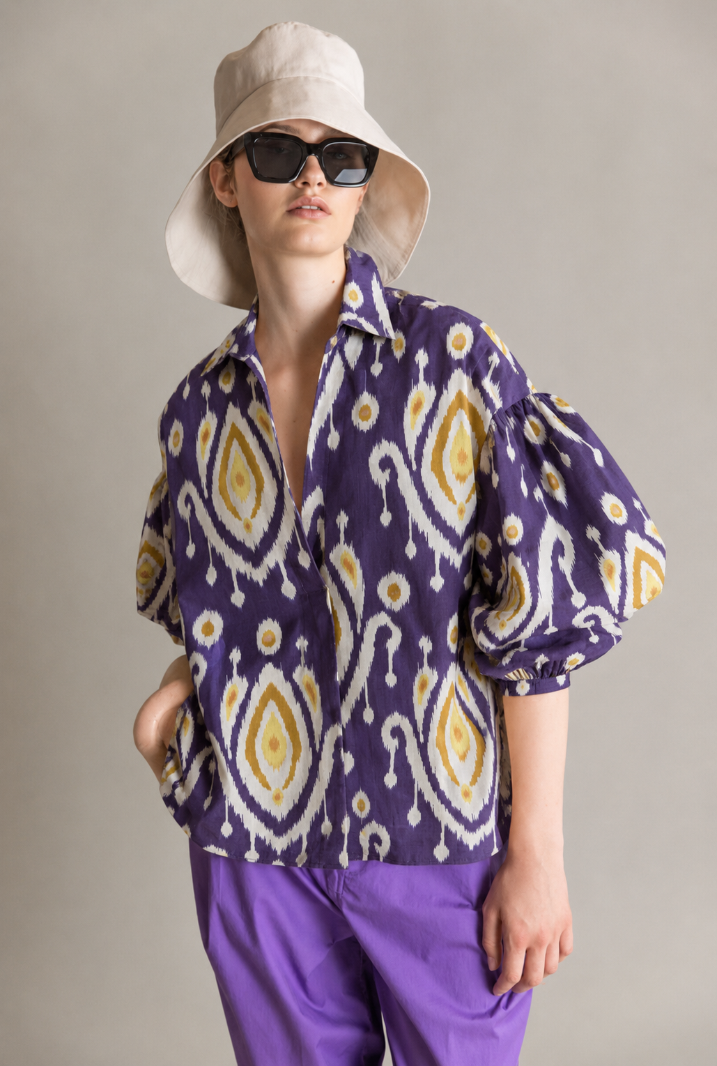 Women's Purple Ikat Print Cotton Balloon Sleeve Shirt