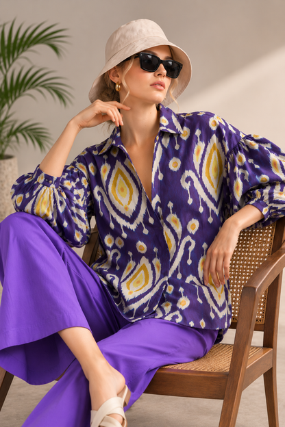 Women's Purple Ikat Print Cotton Balloon Sleeve Shirt