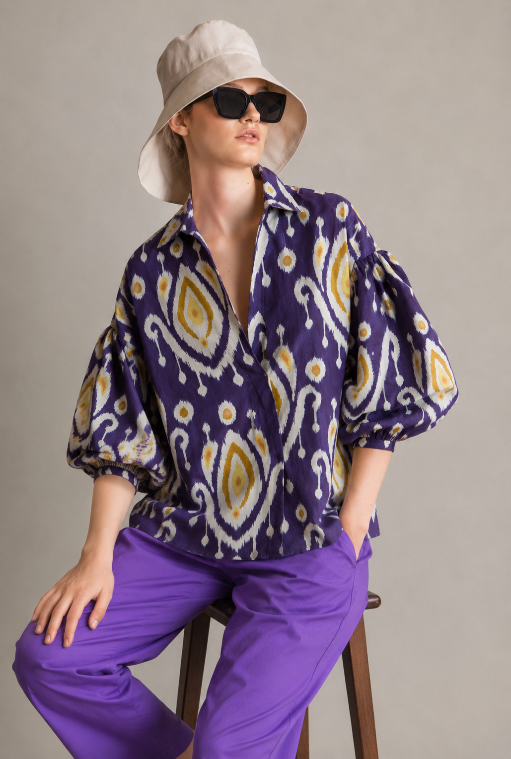 Women's Purple Ikat Print Cotton Balloon Sleeve Shirt