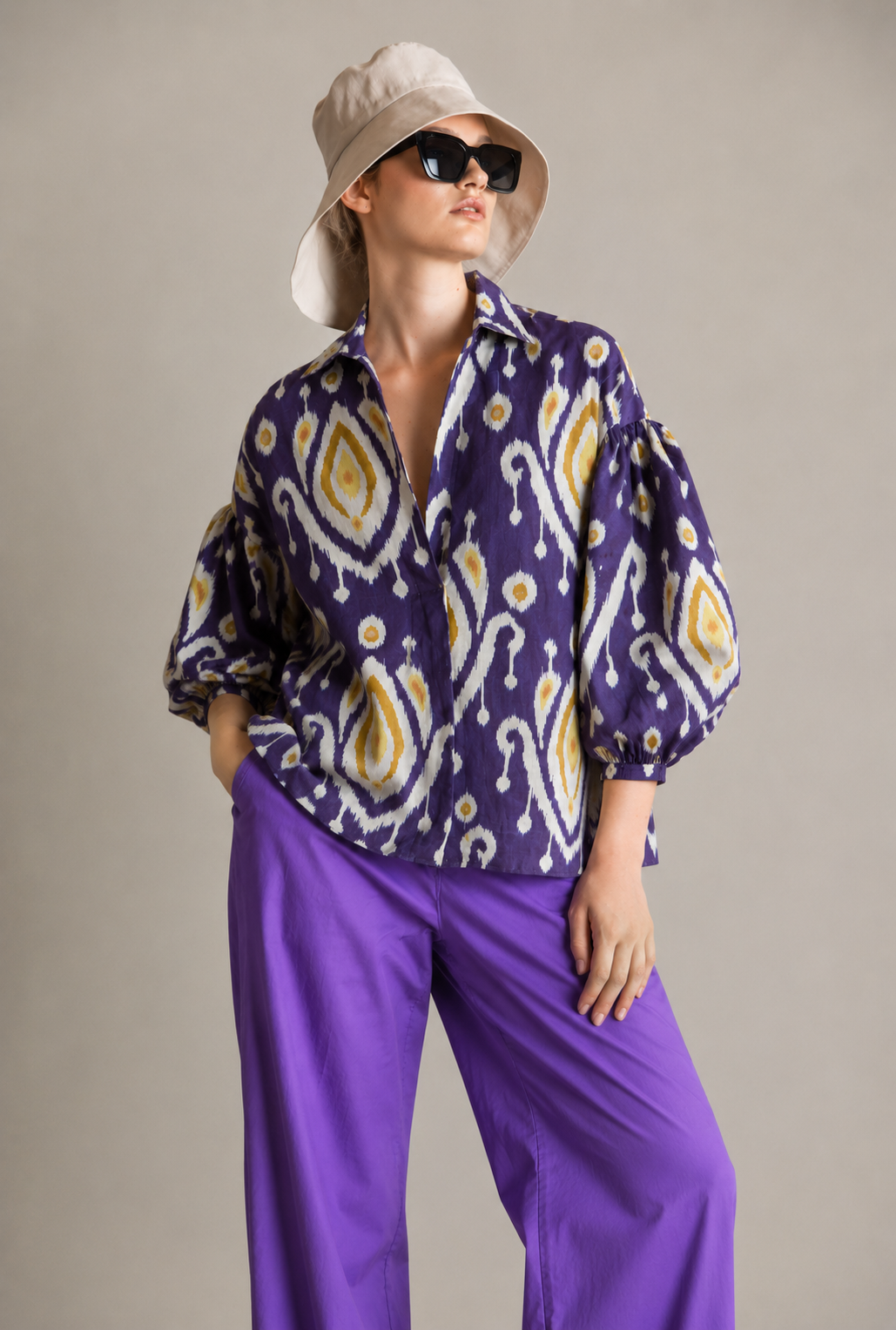 Women's Purple Ikat Print Cotton Balloon Sleeve Shirt