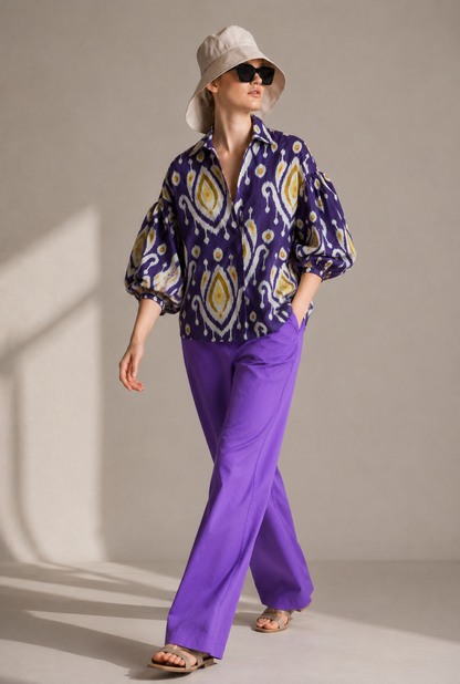 Women's Purple Ikat Print Cotton Balloon Sleeve Shirt