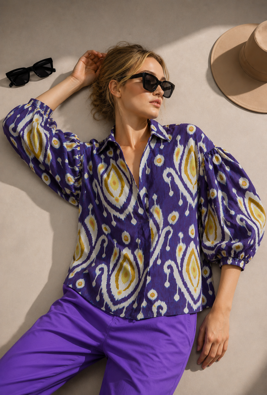 Women's Purple Ikat Print Cotton Balloon Sleeve Shirt