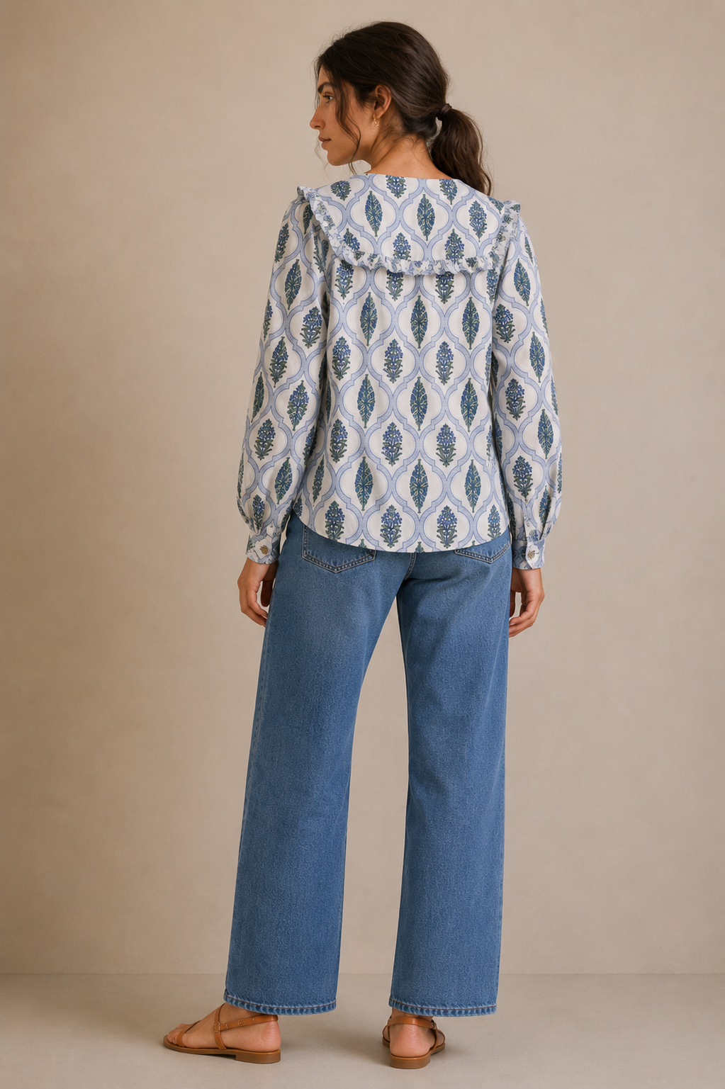 Women's Blue Floral Printed Cotton Tie-Up Top