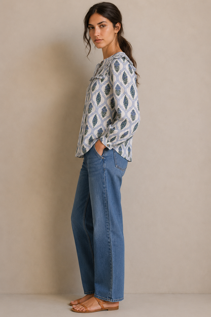 Women's Blue Floral Printed Cotton Tie-Up Top