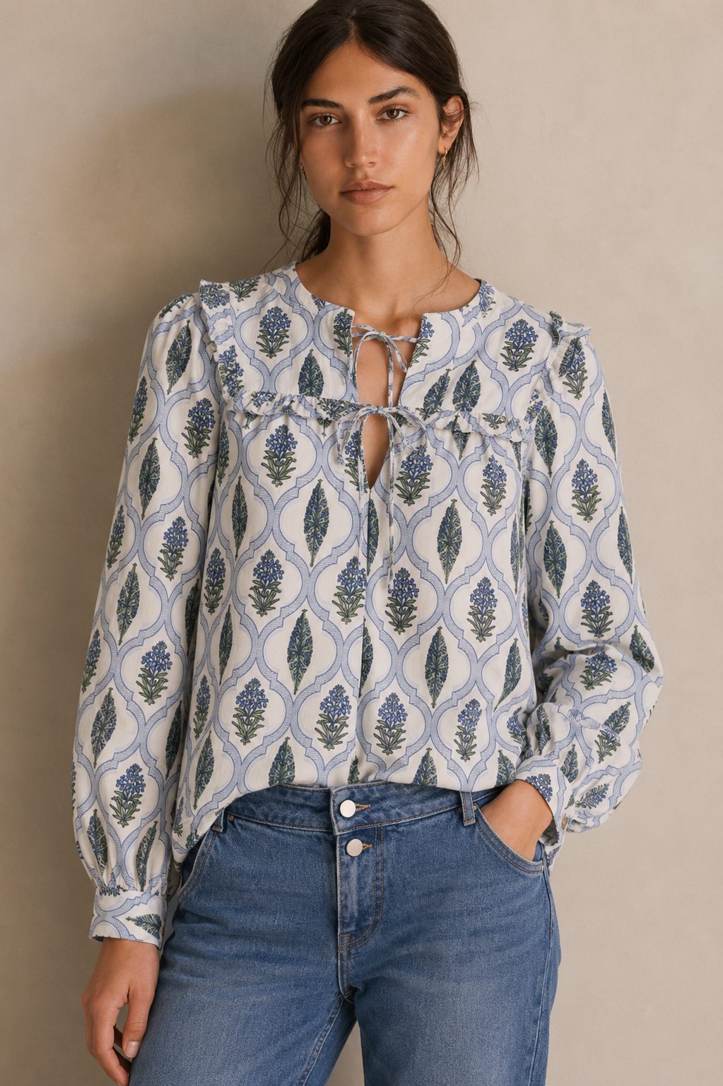 Women's Blue Floral Printed Cotton Tie-Up Top