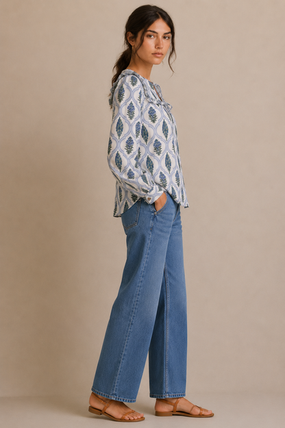 Women's Blue Floral Printed Cotton Tie-Up Top