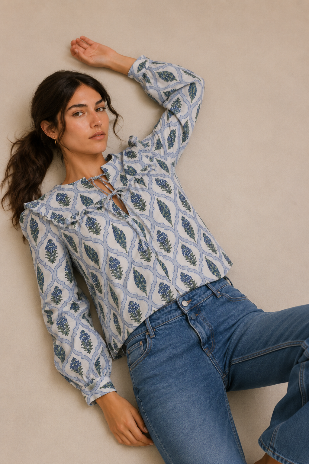 Women's Blue Floral Printed Cotton Tie-Up Top