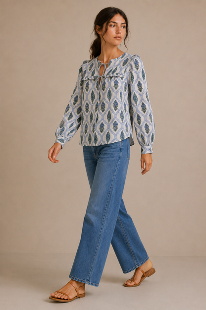 Women's Blue Floral Printed Cotton Tie-Up Top