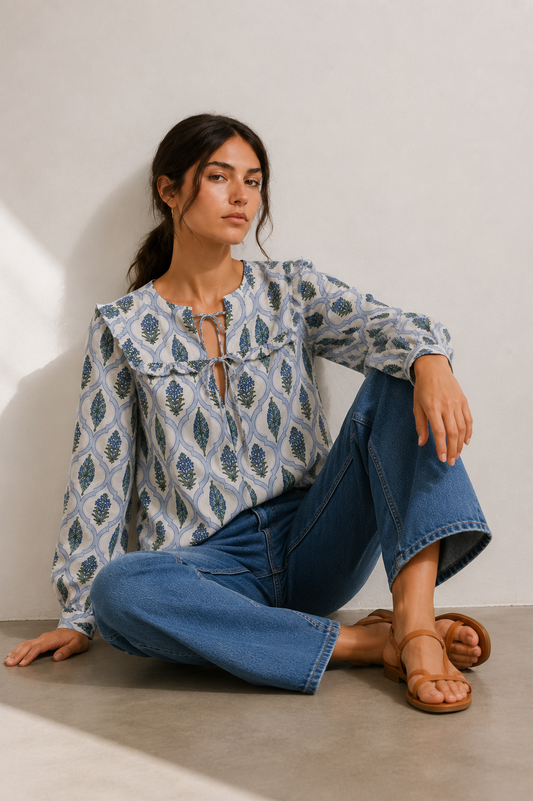 Women's Blue Floral Printed Cotton Tie-Up Top