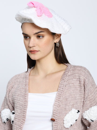 Cindrella Bow Beret - WhitePink